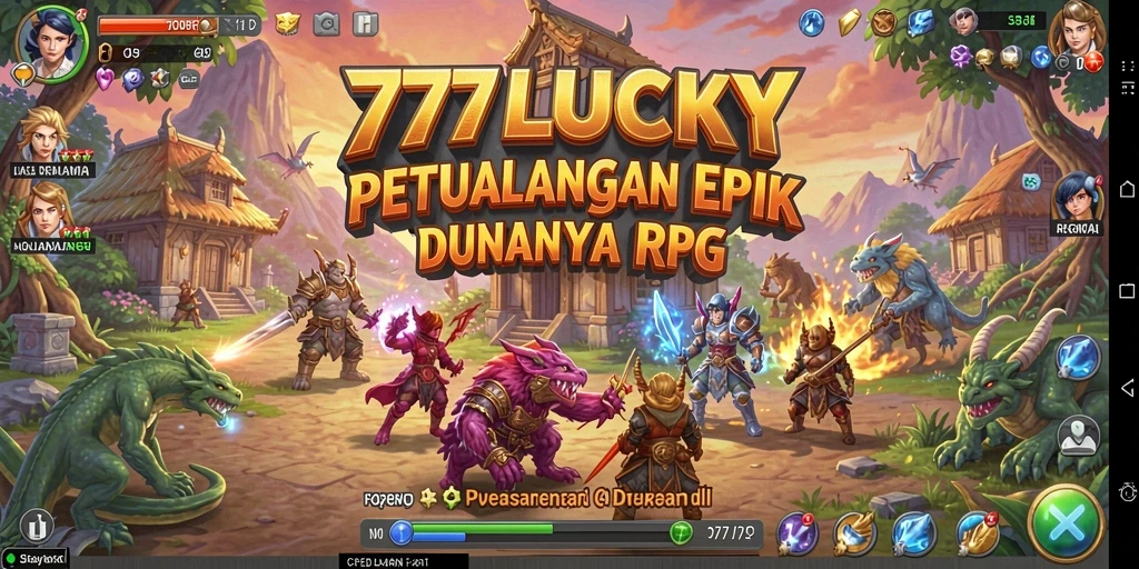 Tangkapan layar utama gameplay <strong>777LUCKY</strong> menampilkan pertarungan epik dalam dunia RPG.