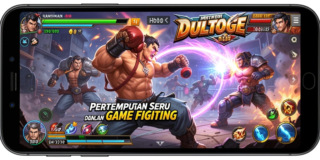 Screenshot menampilkan karakter bertarung di arena DULTOGEL dengan efek visual menakjubkan.