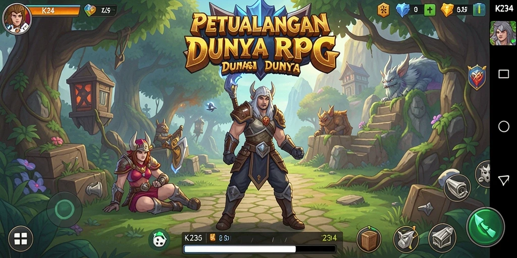 Screenshot gameplay K234 menunjukkan pertarungan menegangkan dan dunia petualangan yang indah.
