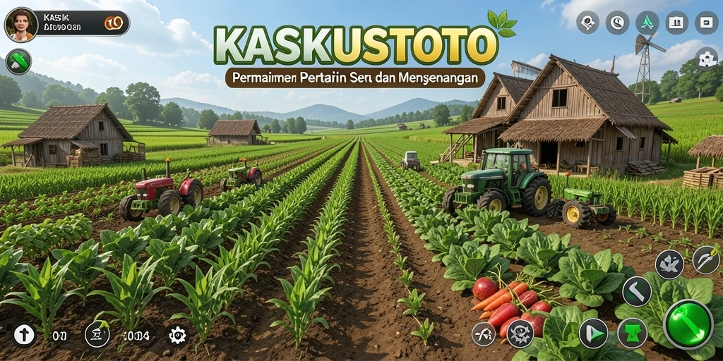 Tangkapan layar gameplay KASKUSTOTO dengan ladang yang subur dan tanaman berwarna-warni.
