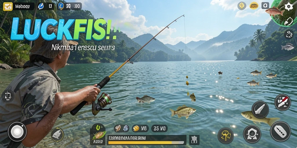 Tampilan mengasyikkan dari gameplay memancing LUCKYFISHING yang seru.