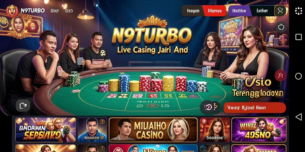 Screenshot gameplay N9TURBO menampilkan dealer profesional dan suasana kasino yang mendebarkan.