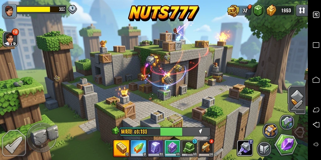 Tampilan seru dari gameplay menara dalam NUTS777 yang menantang.