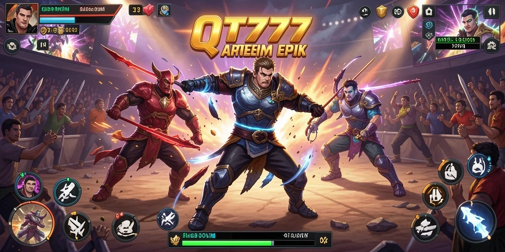 Tampilan action seru di dalam arena QT777 dengan karakter bertarung.