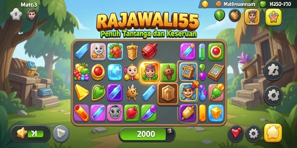 Screenshot utama RAJAWALI55 menampilkan gameplay Match-3 yang seru.