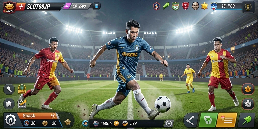 Tampilan gameplay menegangkan dalam SLOT88JP dengan aksi sepak bola yang seru.